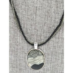 Kenneth Cole Signed KC Necklace Enamel Pendant Gray Black Swirl Beaded Multi